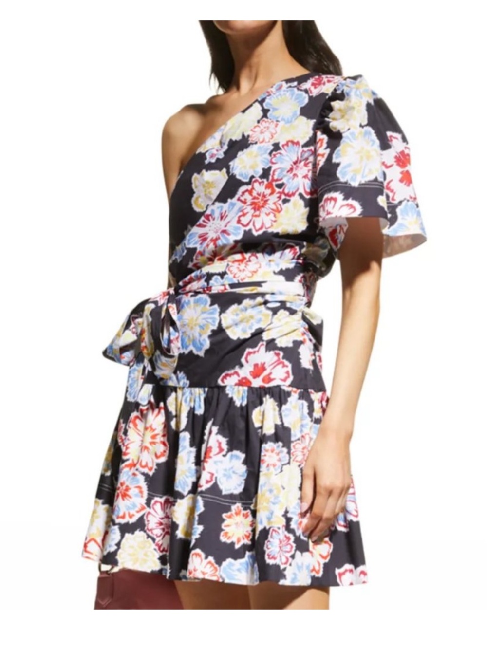 Tanya Taylor One Shoulder Floral Mini Dress Navy Designer 100% Cotton Size 6